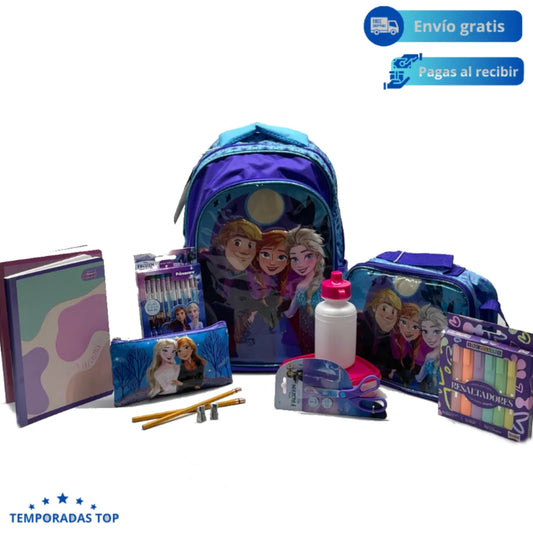 Kit Bolso, Cartuchera y Lonchera Escolar Personajes De Frozen Niña- Todo Lo Necesario Para el Regreso A Clases