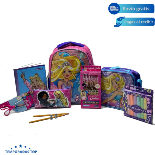 Kit Bolso, Cartuchera y Lonchera Escolar Personajes De Barbie Niña- Todo Lo Necesario Para el Regreso A Clases